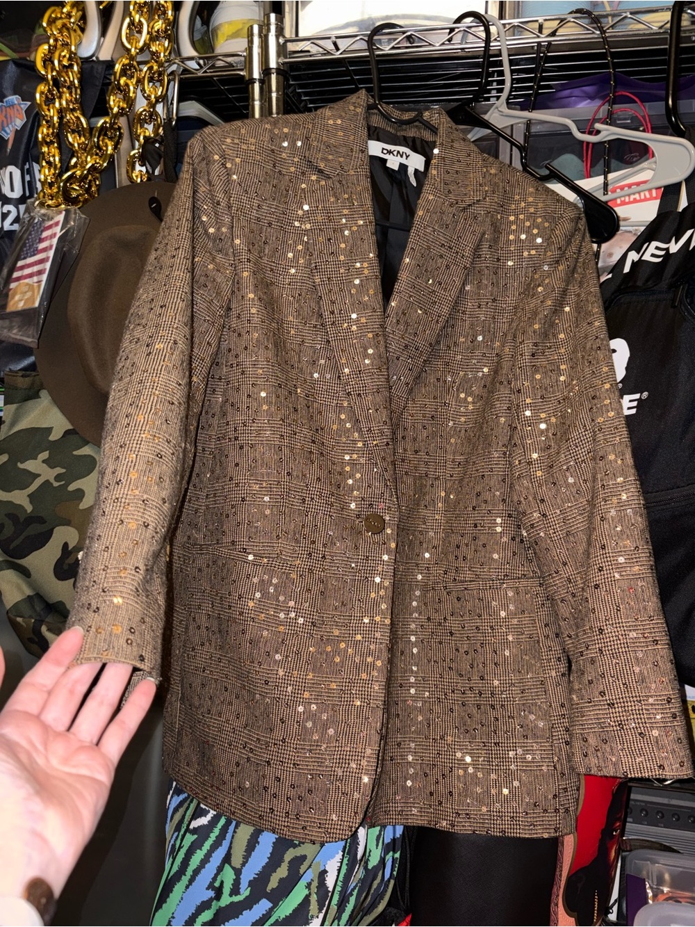 DKNY Brown Plaid Sequin Blazer